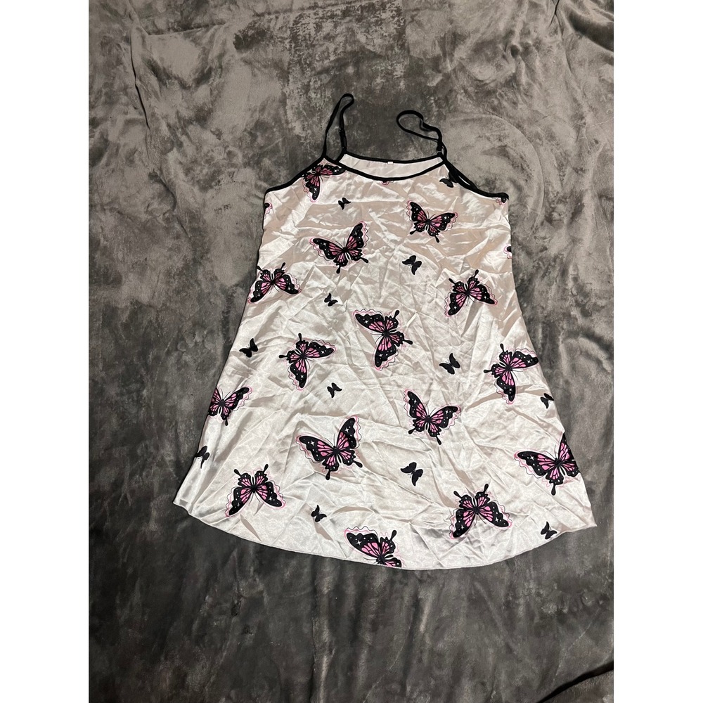 Pink and Black Butterfly Print Satin Chemise Nightgown Sleeveless Sleep Dress L